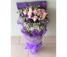F10 12 PCS PINK ROSES BOUQUET WITH GREENS